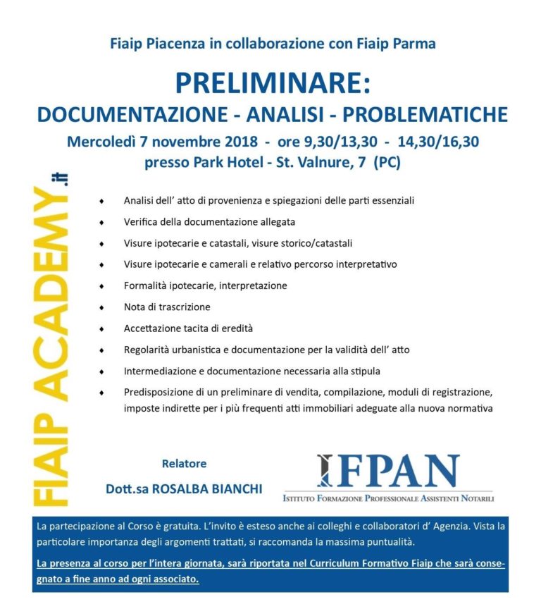 Scopri di più sull'articolo PIACENZA | 07/11/18 | Contratti Preliminari, istruzioni per l’uso