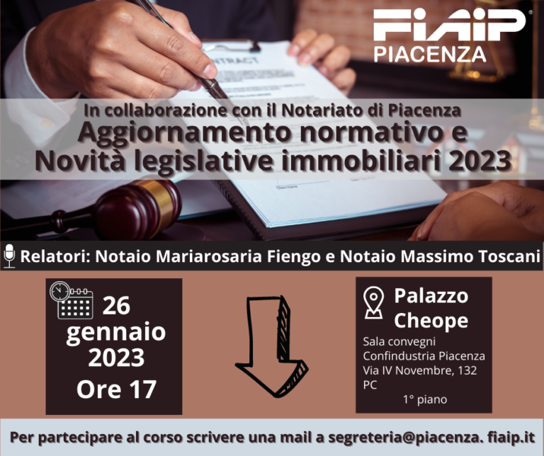 Scopri di più sull'articolo Piacenza – 26/01/2023 | Aggiornamento normativo e novità legislative immobiliari 2023