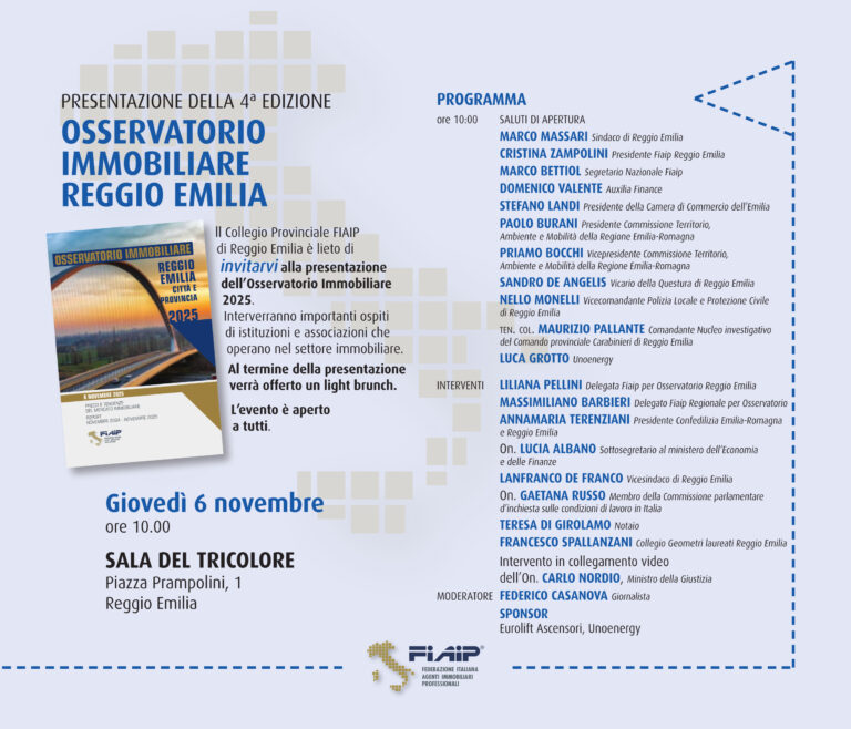 Scopri di più sull'articolo REGGIO EMILIA – 6/11/2025 | Presentazione Osservatorio Immobiliare FIAIP Monitora Reggio Emilia e provincia